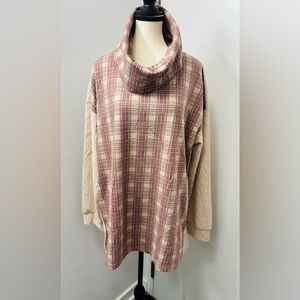Timeson Plaid Beige & Red Women's Sweater Turtleneck Mock Cowl Neck Pullover XL